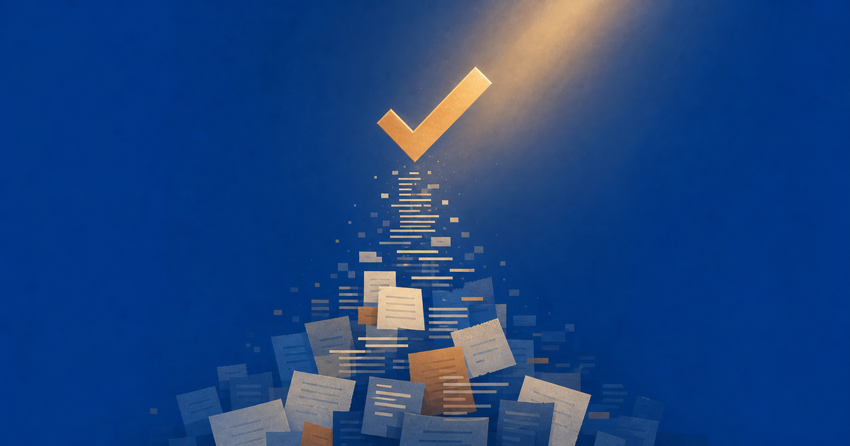 A gold verification checkmark on a pile of documents.